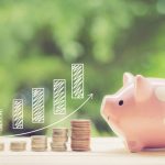 Money coins stack growing graph and piggy bank nature background, business concept.